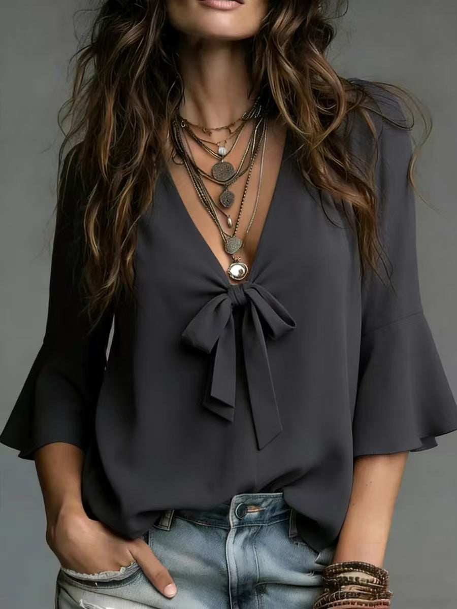 Elegant Woven Solid-color V-neck Tank Top with Flared Sleeves