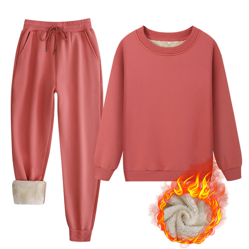 Winter Lamb Wool Lounge Set: Round Neck Sweatshirt & Pants