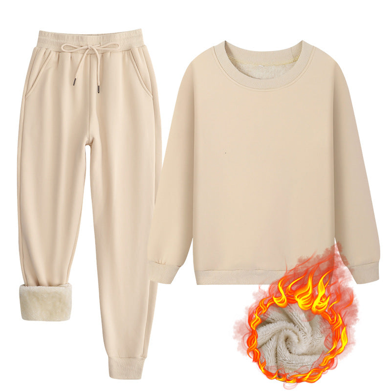 Winter Lamb Wool Lounge Set: Round Neck Sweatshirt & Pants
