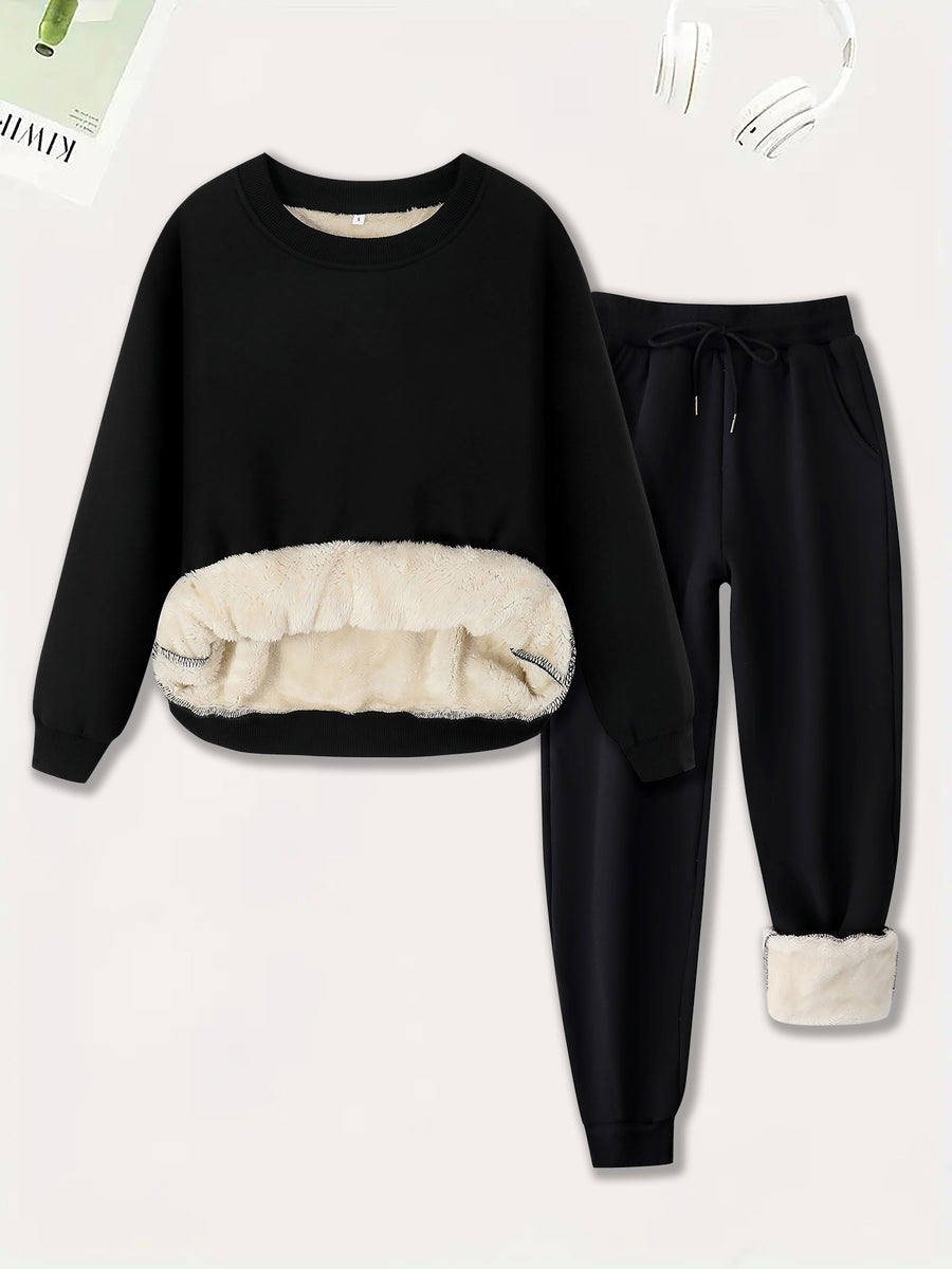 Winter Lamb Wool Lounge Set: Round Neck Sweatshirt & Pants