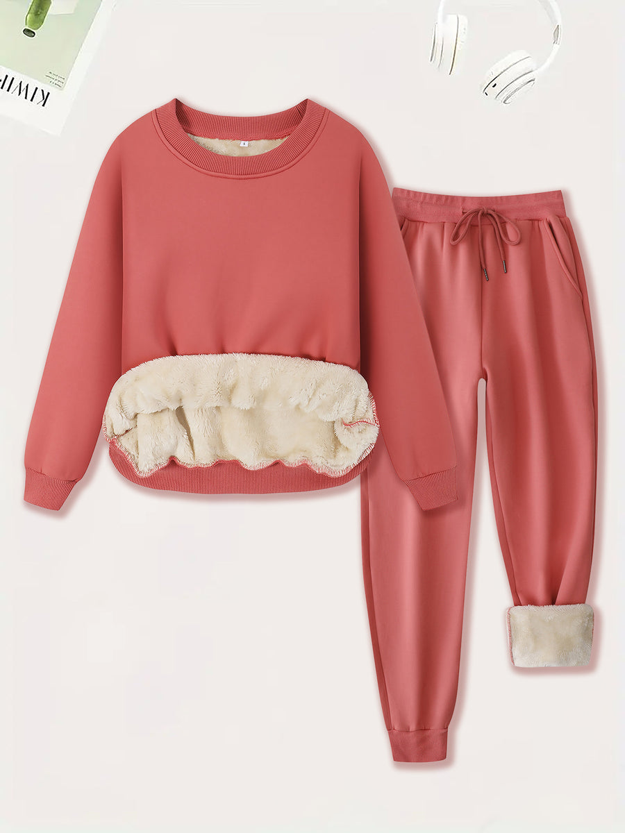 Winter Lamb Wool Lounge Set: Round Neck Sweatshirt & Pants