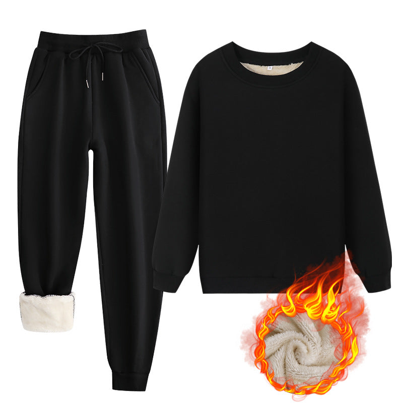 Winter Lamb Wool Lounge Set: Round Neck Sweatshirt & Pants