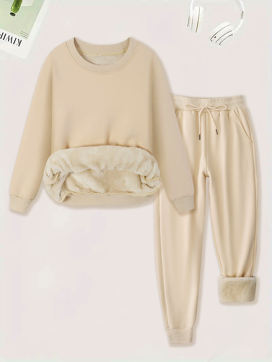 Winter Lamb Wool Lounge Set: Round Neck Sweatshirt & Pants