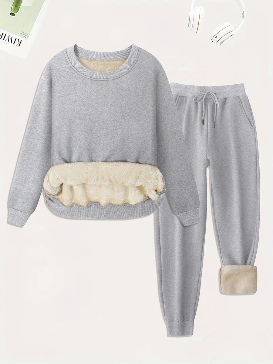 Winter Lamb Wool Lounge Set: Round Neck Sweatshirt & Pants