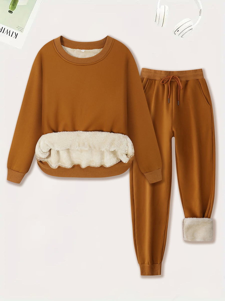 Winter Lamb Wool Lounge Set: Round Neck Sweatshirt & Pants