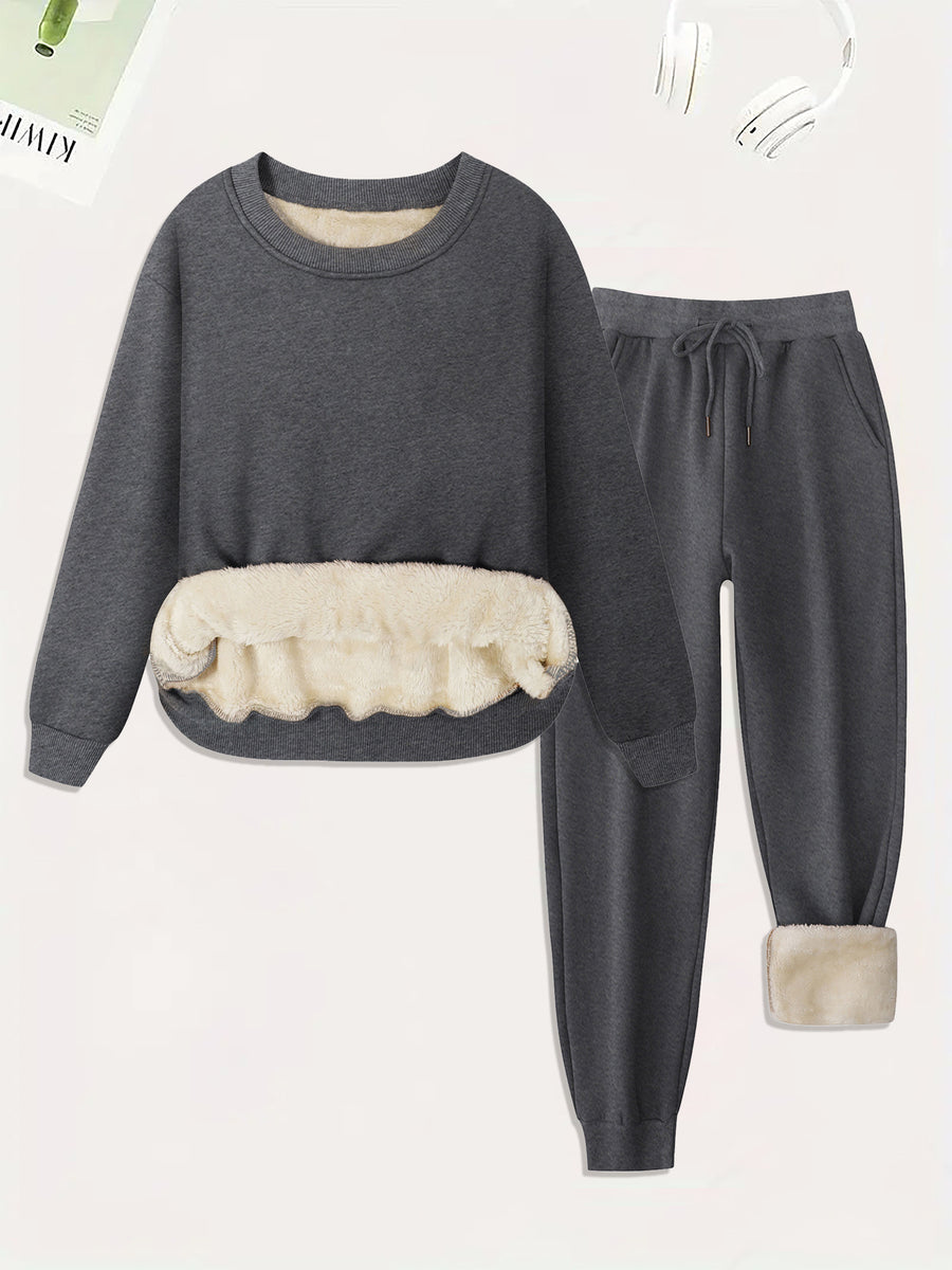 Winter Lamb Wool Lounge Set: Round Neck Sweatshirt & Pants
