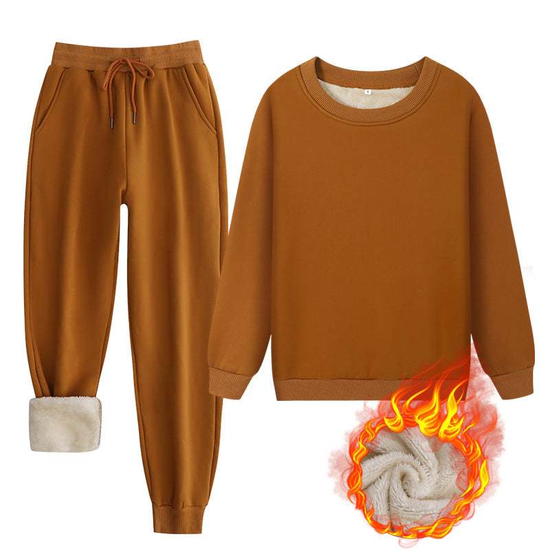 Winter Lamb Wool Lounge Set: Round Neck Sweatshirt & Pants
