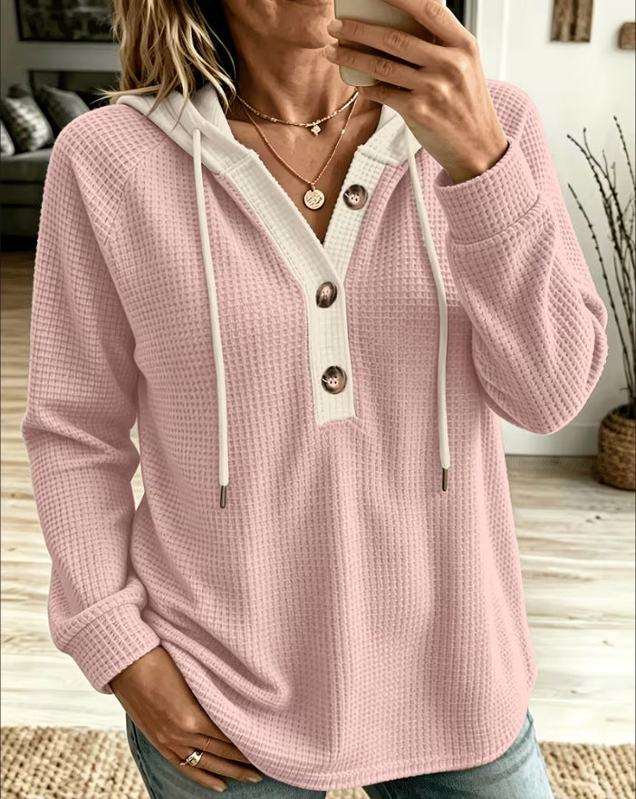 Plus-size Solid Color Waffle-knit Hooded Pullover with Buttons