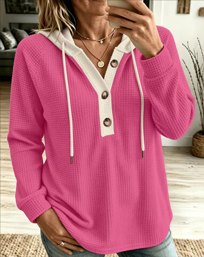 Plus-size Solid Color Waffle-knit Hooded Pullover with Buttons