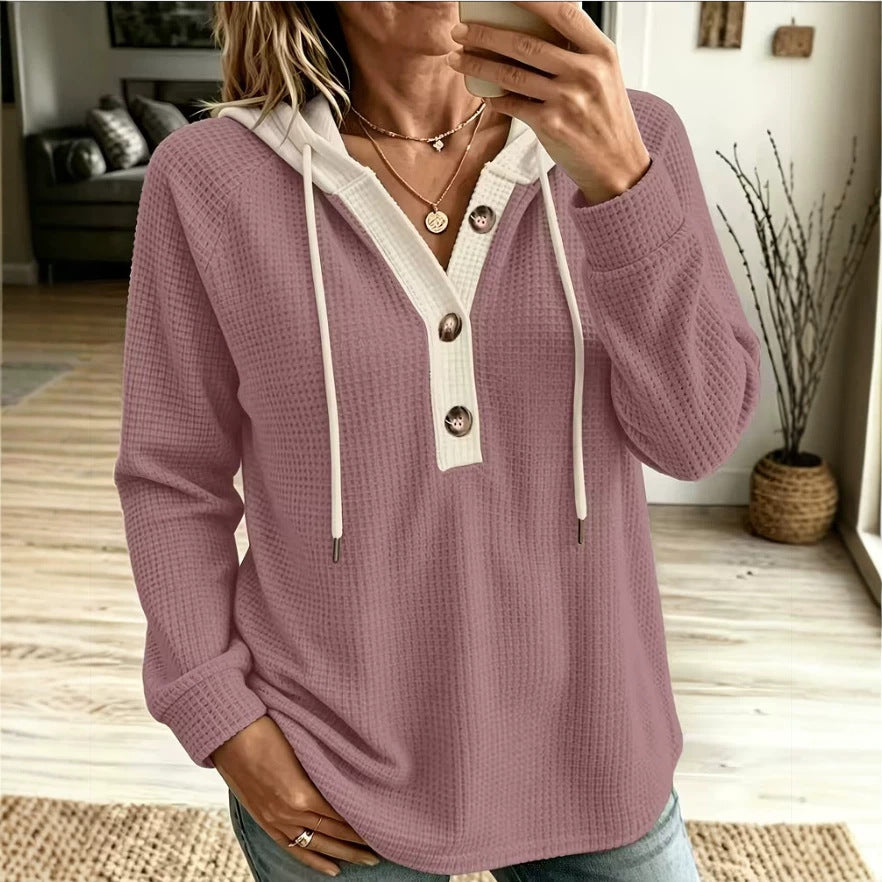 Plus-size Solid Color Waffle-knit Hooded Pullover with Buttons
