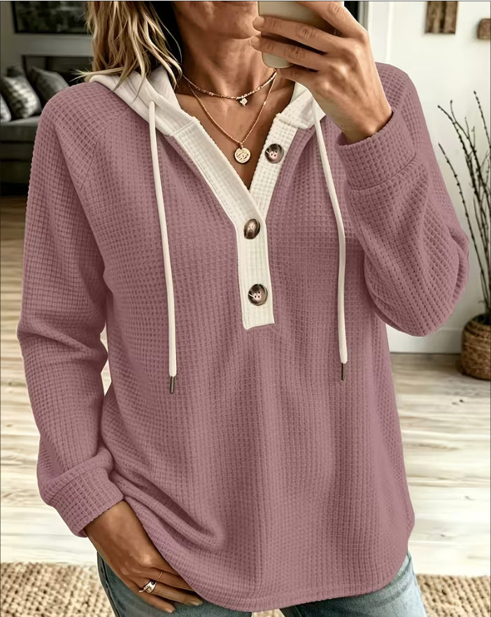 Plus-size Solid Color Waffle-knit Hooded Pullover with Buttons