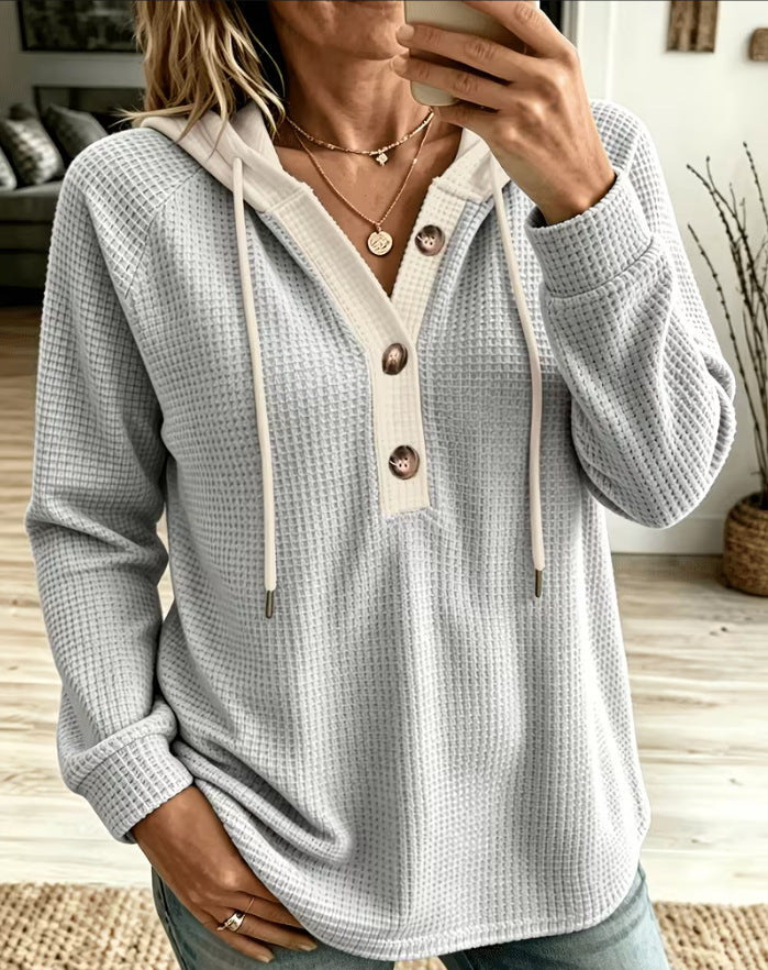 Plus-size Solid Color Waffle-knit Hooded Pullover with Buttons