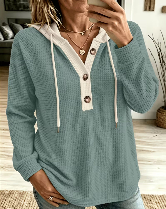 Plus-size Solid Color Waffle-knit Hooded Pullover with Buttons