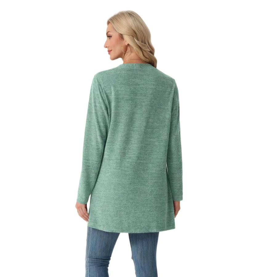 Solid-Color Coat with Patch Pockets - Long Sleeve Knit Top