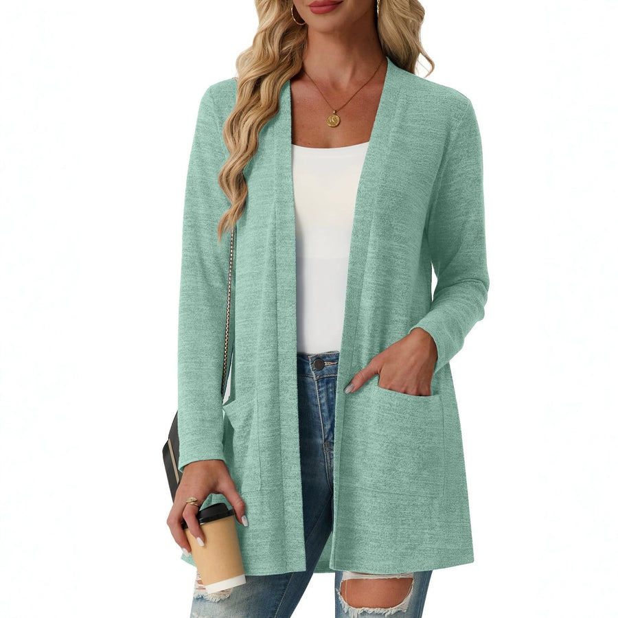 Solid-Color Coat with Patch Pockets - Long Sleeve Knit Top