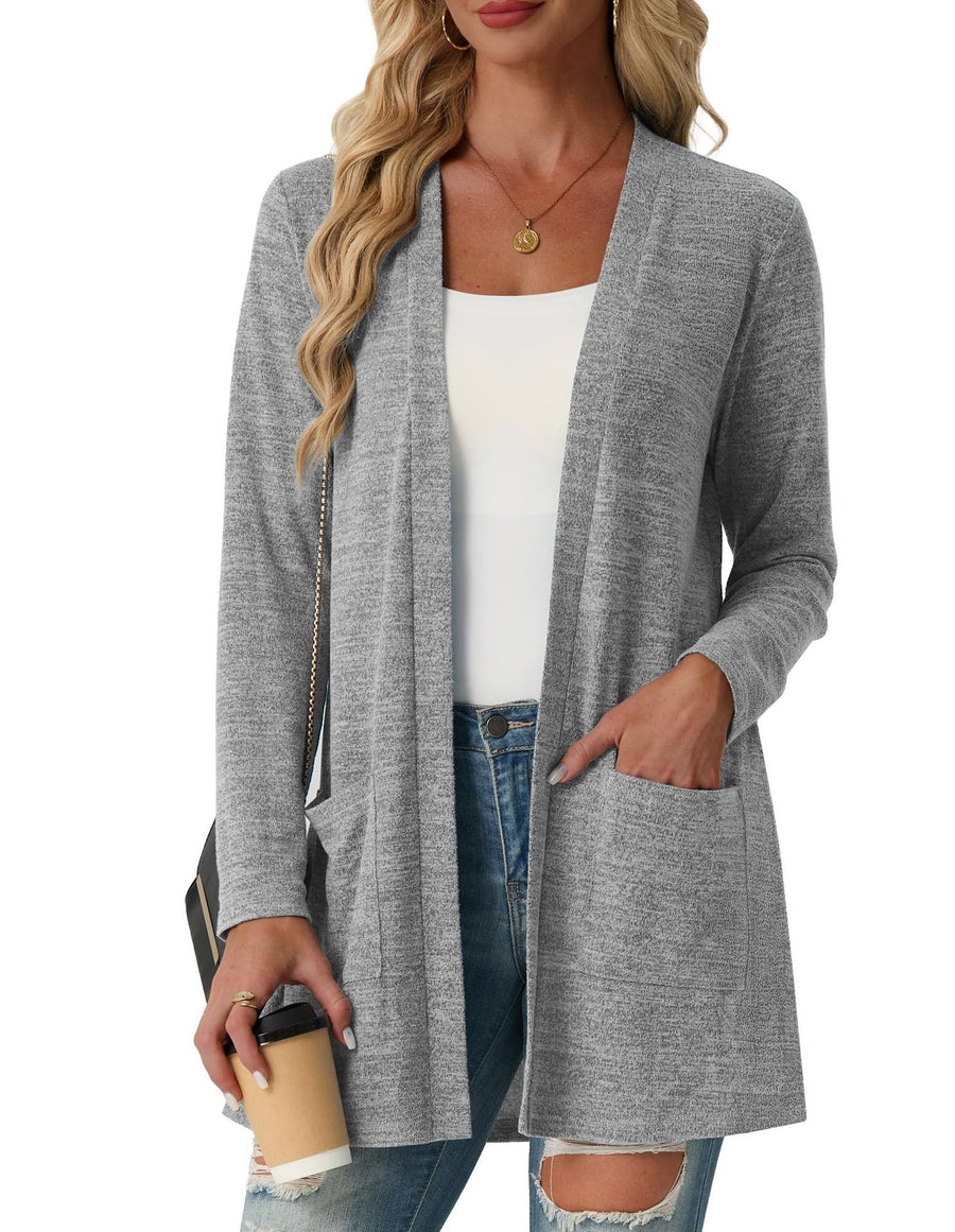 Solid-Color Coat with Patch Pockets - Long Sleeve Knit Top