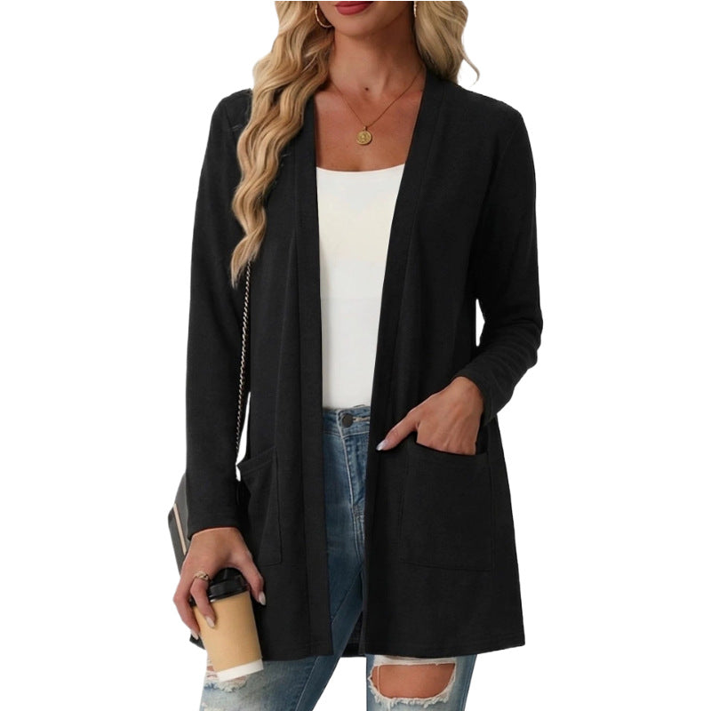 Solid-Color Coat with Patch Pockets - Long Sleeve Knit Top