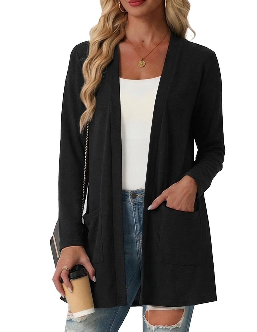 Solid-Color Coat with Patch Pockets - Long Sleeve Knit Top