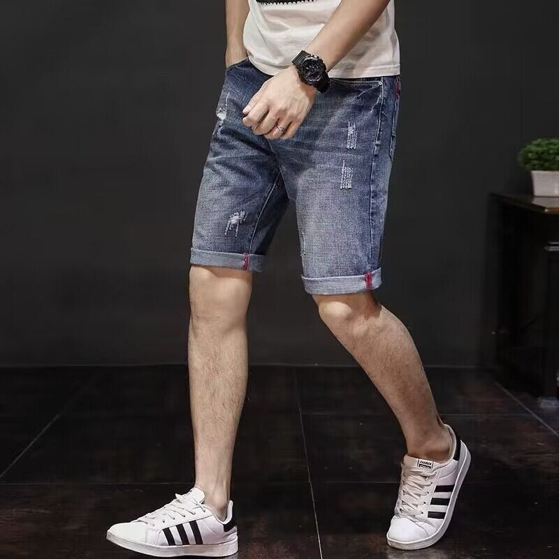 Straight-leg Relaxed-fit Distressed Denim Shorts for Men