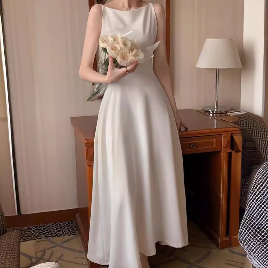 Womens Long Sleeveless Dress with One-Shoulder Design