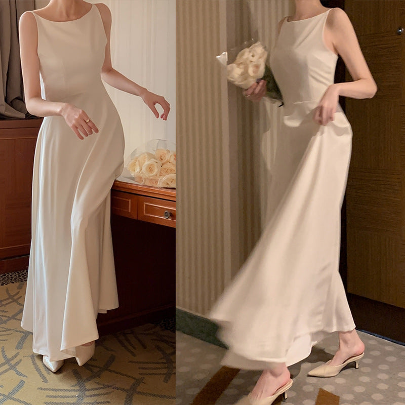 Womens Long Sleeveless Dress with One-Shoulder Design