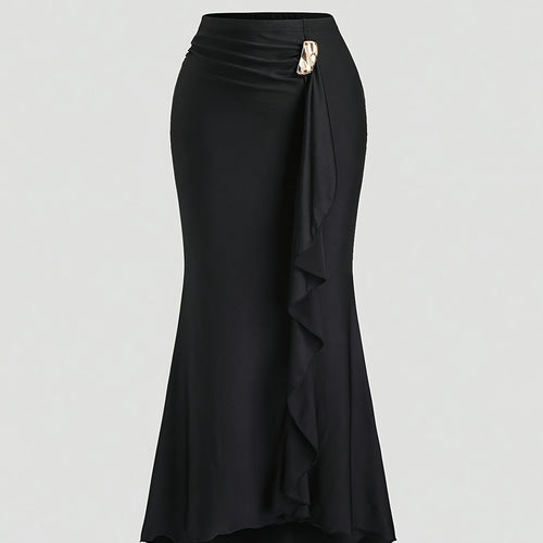 Solid-color Metal-decorated Fishtail Maxi Skirt