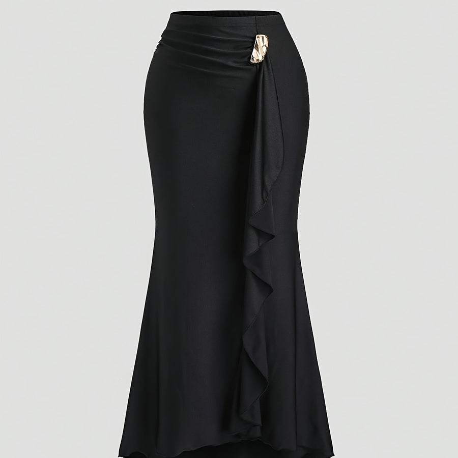 Solid-color Metal-decorated Fishtail Maxi Skirt