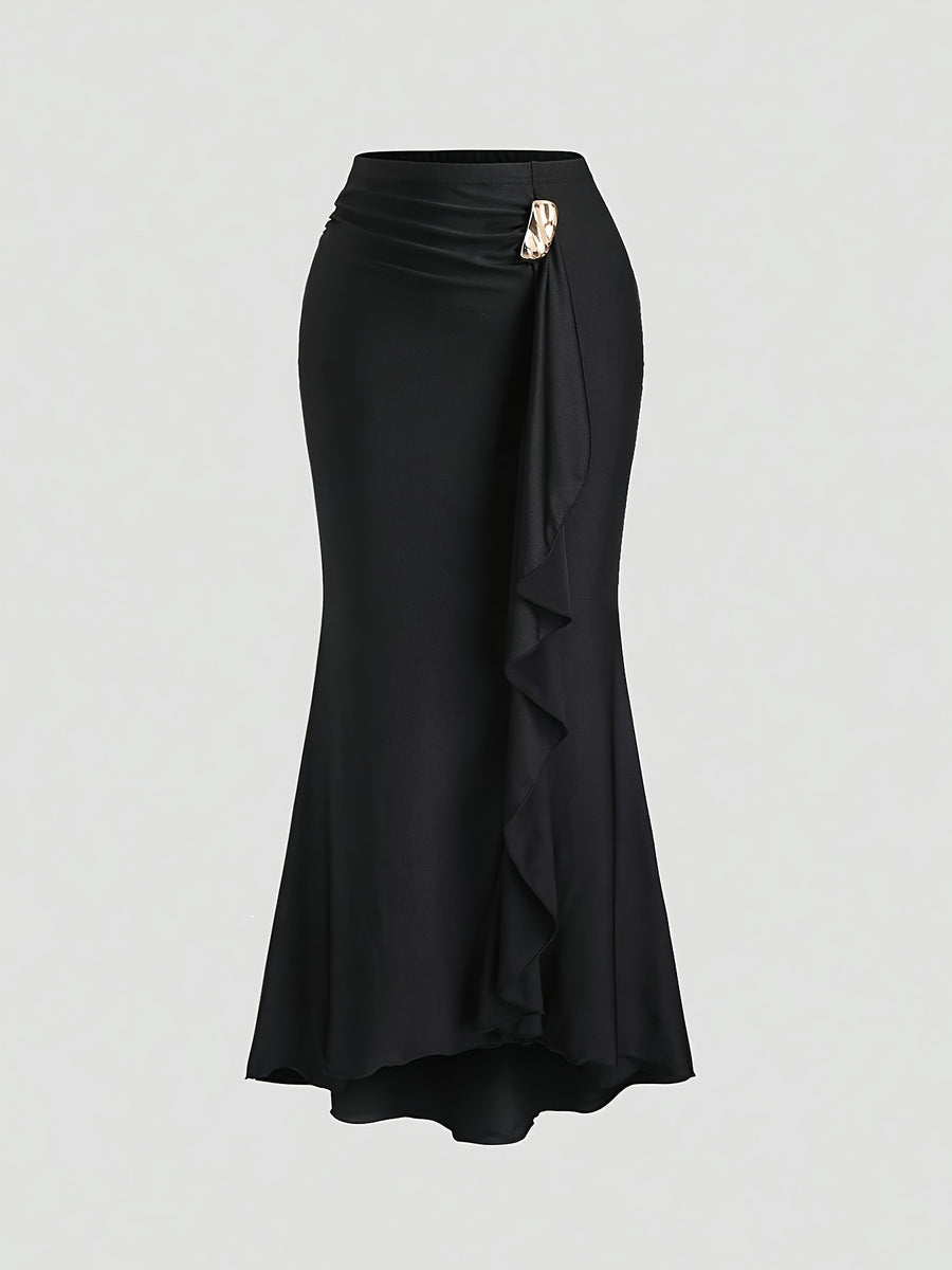 Solid-color Metal-decorated Fishtail Maxi Skirt