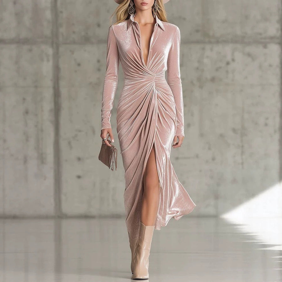 Elegant Long-sleeved Pleated Sheath Dress for Ladies