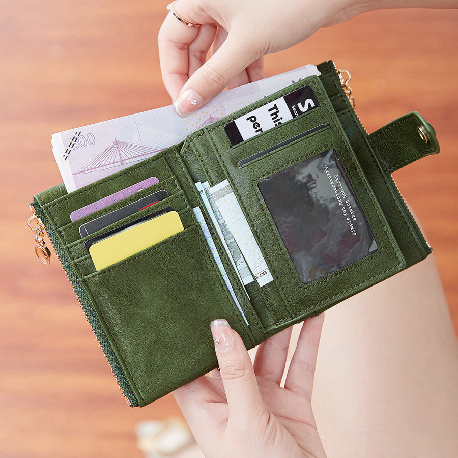 New Women's Retro Short Trifold Wallet with Dual Zippers