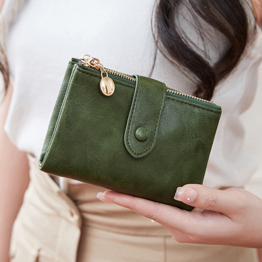New Women's Retro Short Trifold Wallet with Dual Zippers