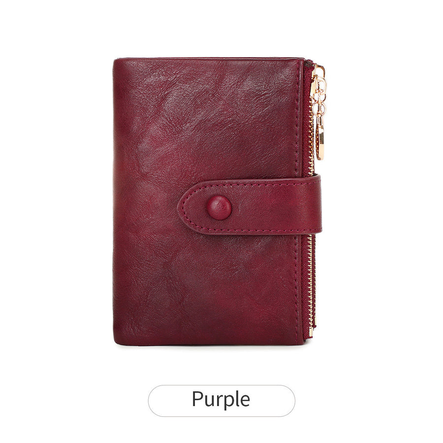 New Women's Retro Short Trifold Wallet with Dual Zippers