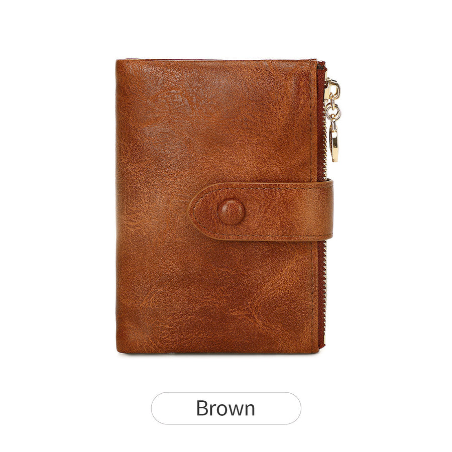 New Women's Retro Short Trifold Wallet with Dual Zippers