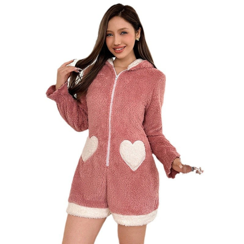 Womens Bunny-Ear Coral-Fleece Loungewear Onesie