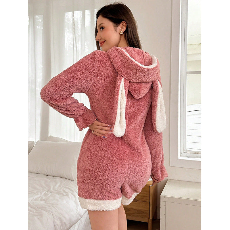 Womens Bunny-Ear Coral-Fleece Loungewear Onesie