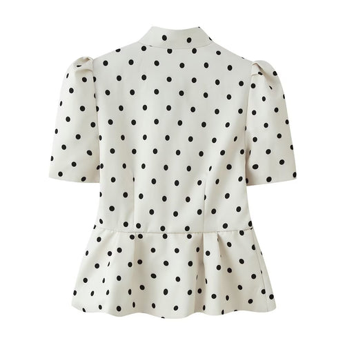 Polka-dot Stand Collar Puff Sleeve Blazer for Women