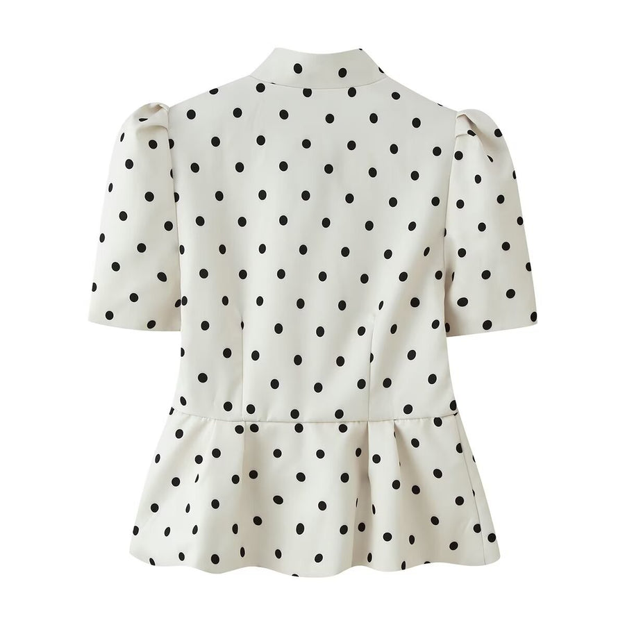 Polka-dot Stand Collar Puff Sleeve Blazer for Women