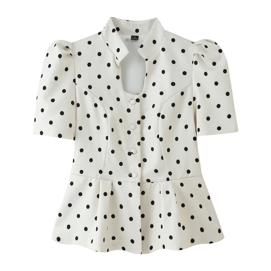 Polka-dot Stand Collar Puff Sleeve Blazer for Women