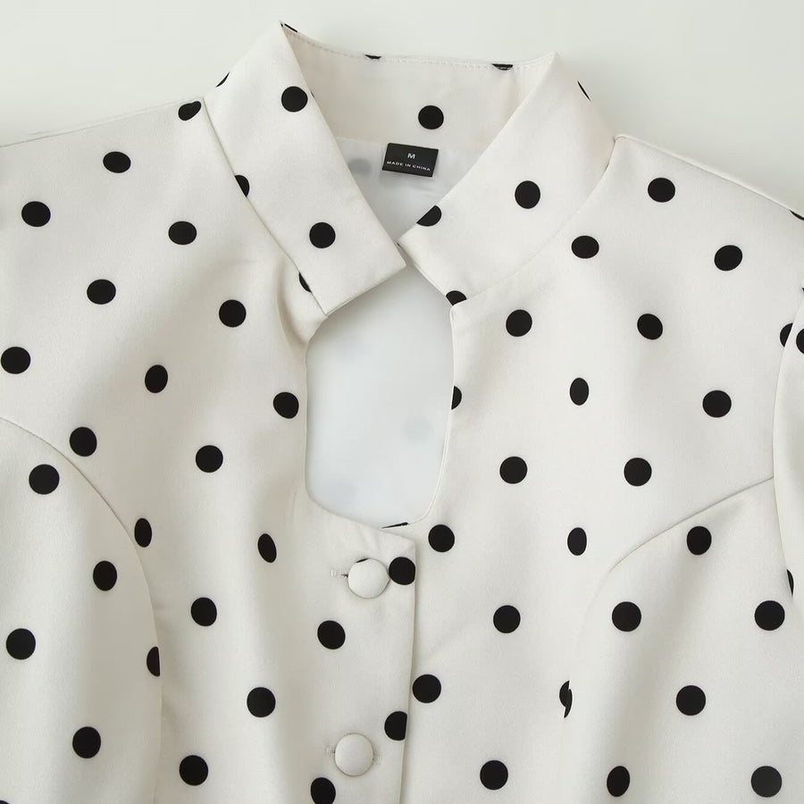 Polka-dot Stand Collar Puff Sleeve Blazer for Women