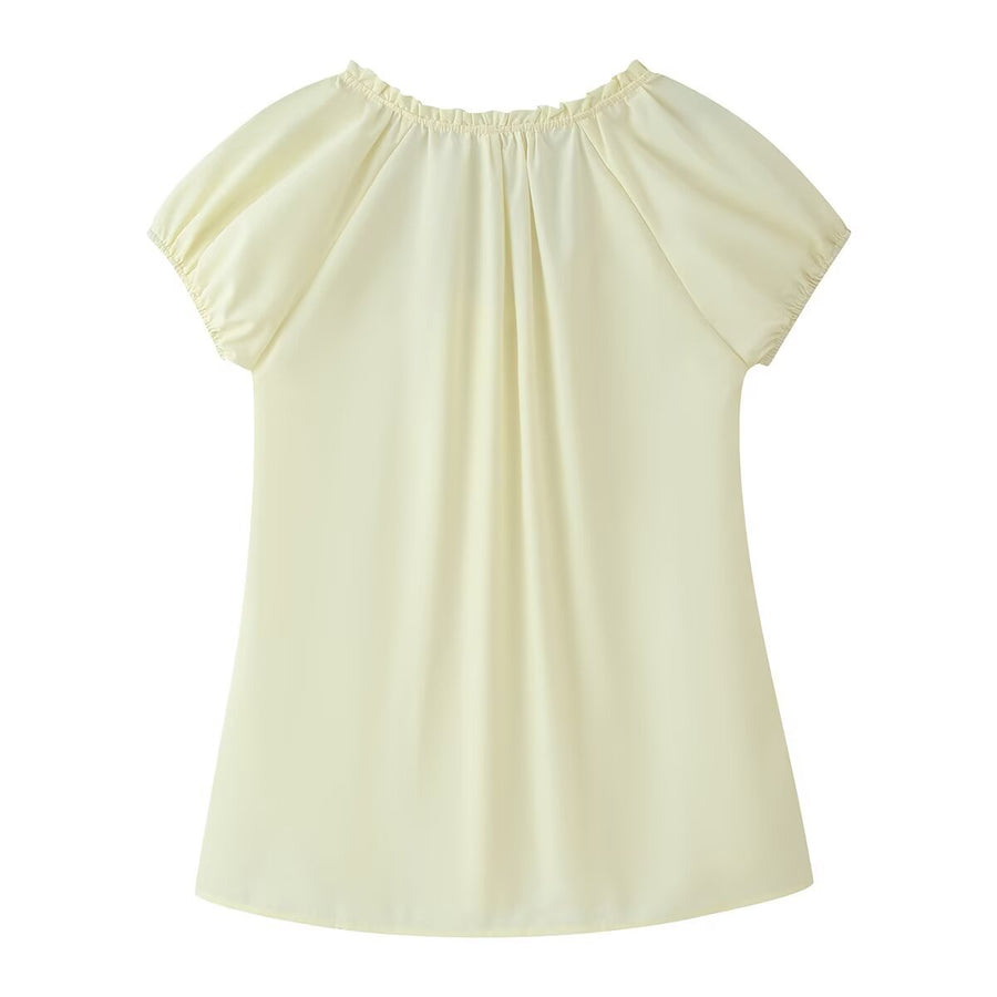 Solid-color Ruffled-cuff Drawstring Slimming Blouse for Women