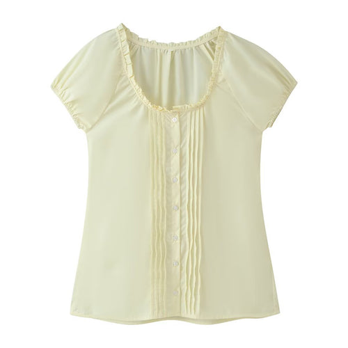 Solid-color Ruffled-cuff Drawstring Slimming Blouse for Women