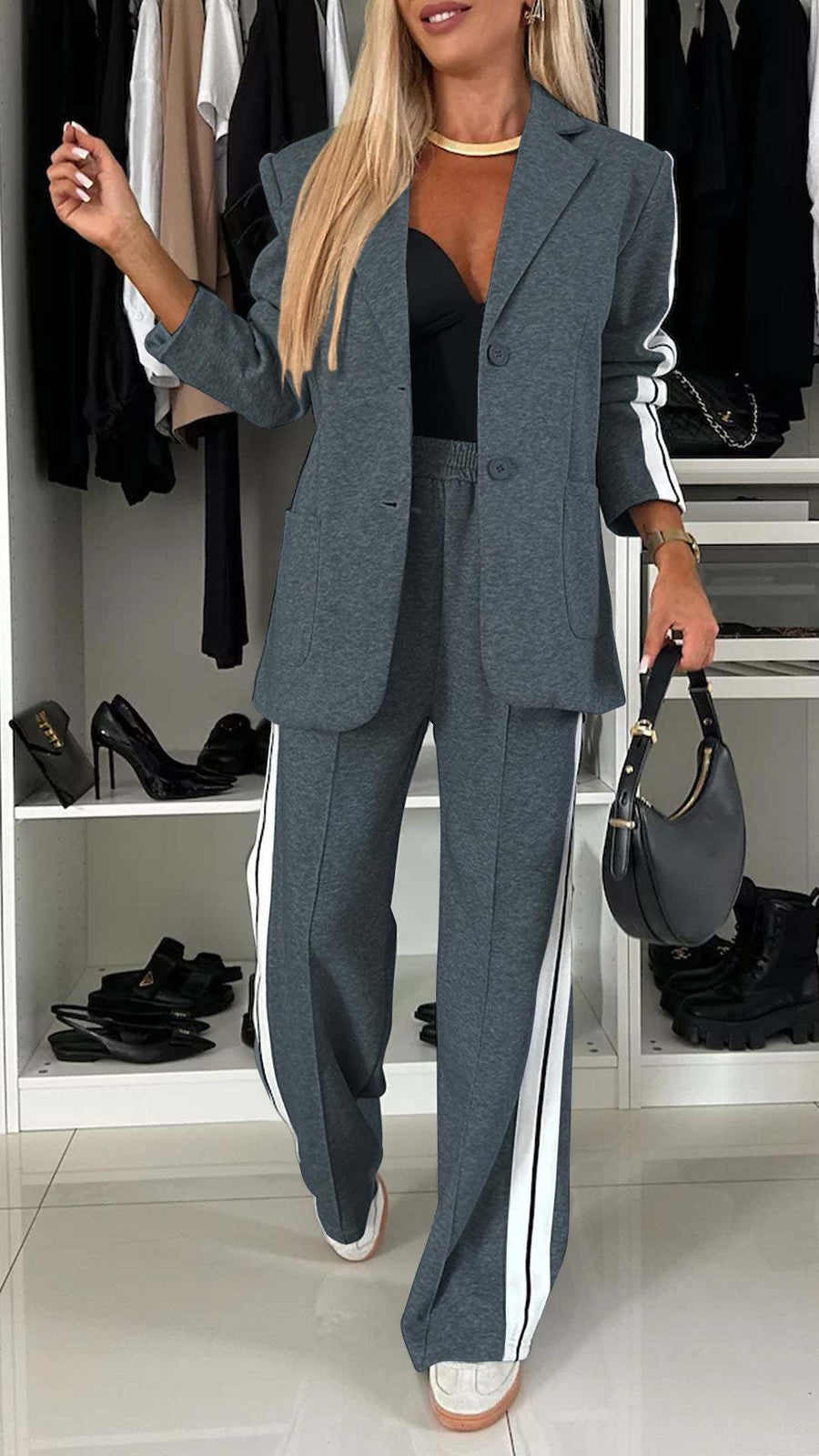 Womens Long-Sleeve Lapel Casual Blazer Set for Effortless Style