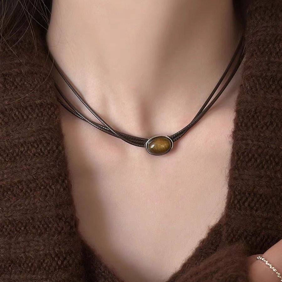 Leather Tigers Eye Necklace for Women - Retro-Chic Sweater Chain