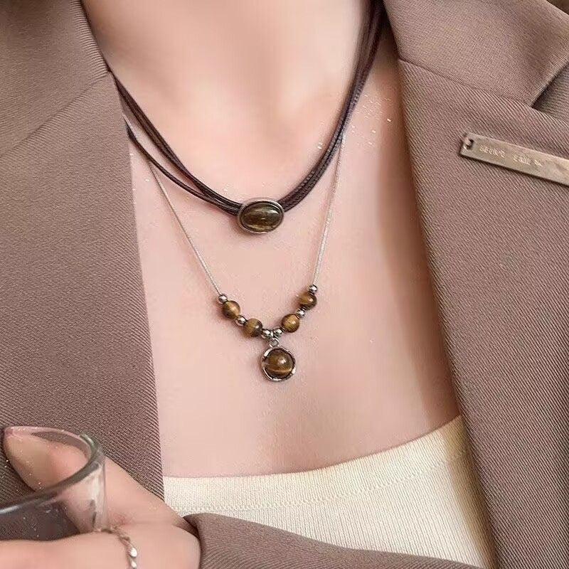 Leather Tigers Eye Necklace for Women - Retro-Chic Sweater Chain