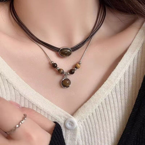 Leather Tigers Eye Necklace for Women - Retro-Chic Sweater Chain