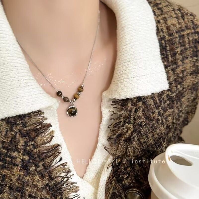 Leather Tigers Eye Necklace for Women - Retro-Chic Sweater Chain
