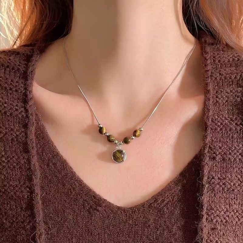 Leather Tigers Eye Necklace for Women - Retro-Chic Sweater Chain