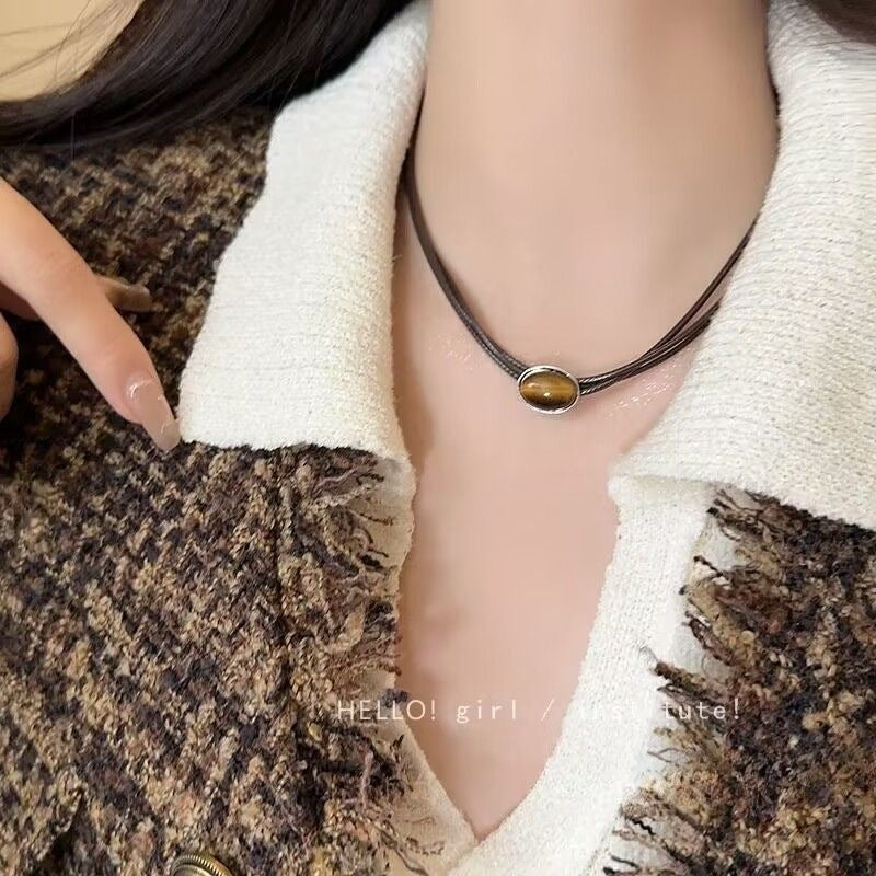 Leather Tigers Eye Necklace for Women - Retro-Chic Sweater Chain