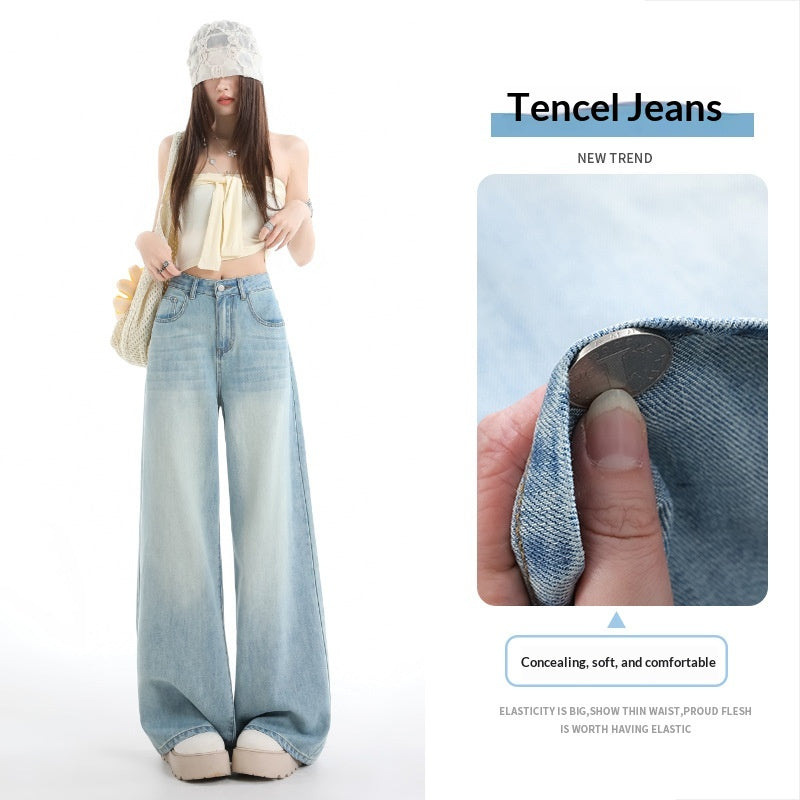 Light-blue Viscose Wide-leg Denim Jeans for Women
