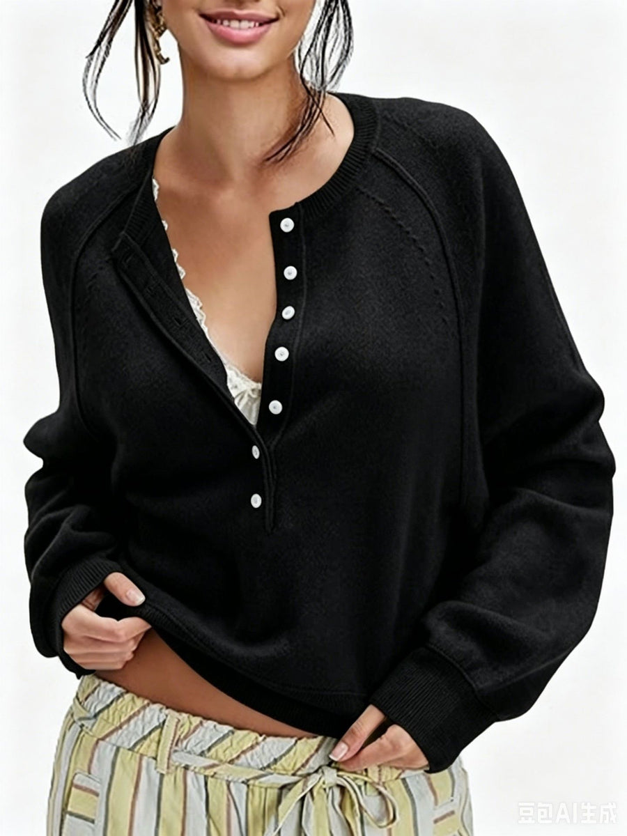 Womens Button-front Half-placket Sweater Top for Cozy Style
